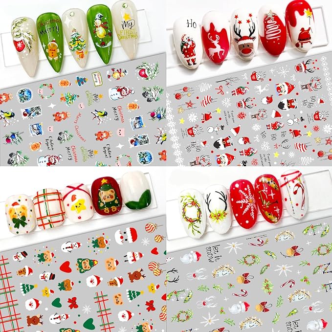 HNUIX Nail Stickers - Christmas 3D, Self Adhesive Nail Decals, Multi Colour Pattern, 10 Sheets, for Nail Art