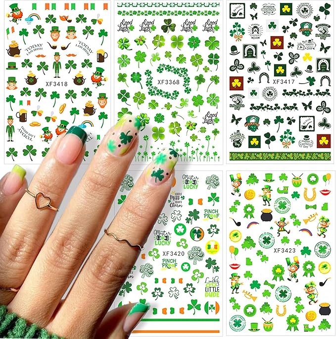 St Patricks Day Nail Stickers Green Shamrock Nail Stickers 3D Self-Adhesive Luck of The Irish Nail Decals Leprechaun Shamrock Nail Decals Deisgn Holiday Nail Stickers for Women Nail Art 10sheets