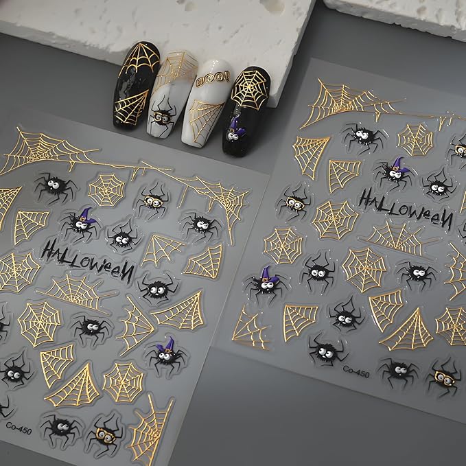 Halloween Nail Stickers Gold Nail Sticker for Nail Art 5D Self-Adhesive Gold Spider Web Nail Decals Spider Nails Supplies Decoration Accessories for Women and Girls