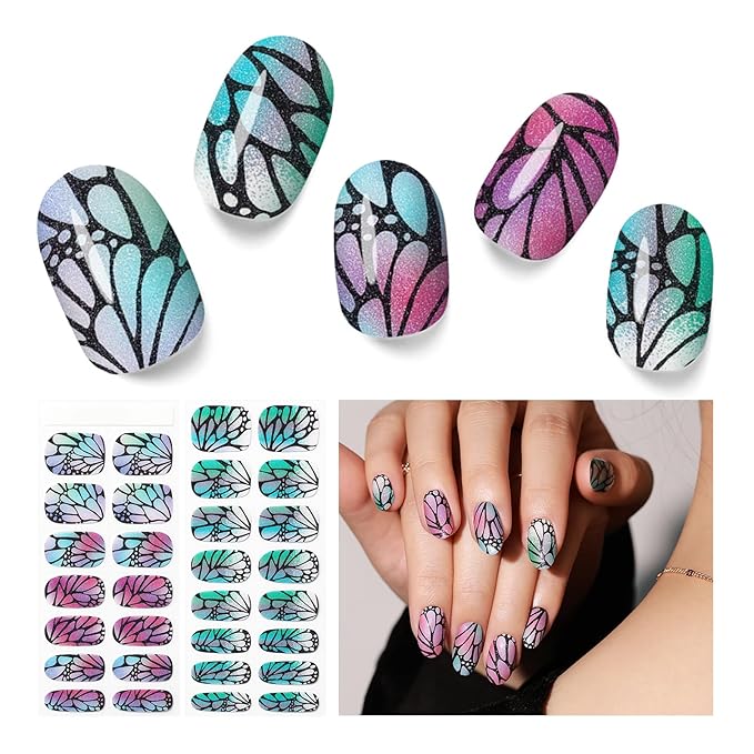 Semi Cured Gel Nail Strips - 30PCS Gel Nail Stickers for UV Light, Long-Lasting Gel Nail Wraps, Salon-Quality Semi Cured Nail Stickers, 2 Weeks Wear, Easy DIY Gel Manicure-Butterfly Dreams