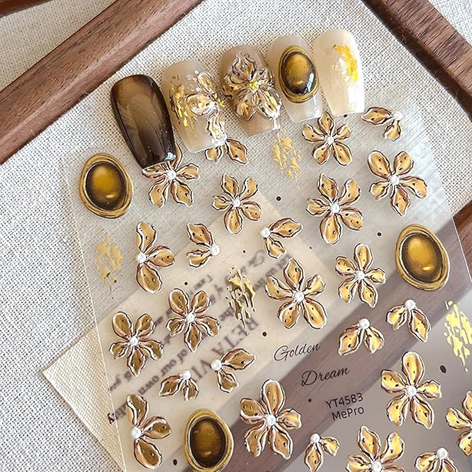 1Sheet Self-Adhesive Bronzing Devil Flower Nail Art Stickers 5D Embossed Light Brown Flowers Designs Nail Decals Cute Floral Nail Stickers Spring Summer Nail Art Supplies for Women Nails Decoration