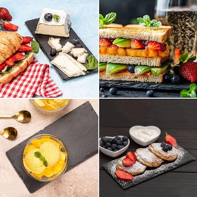 12 Pack 10 x 4.72 Inch Slate Cheese Boards, Black Rectangle Slate Charcuterie Boards, Natural Charcuterie Stone Plates for Parties, Gifts, and Special Events, Cheese, Sushi, Food.