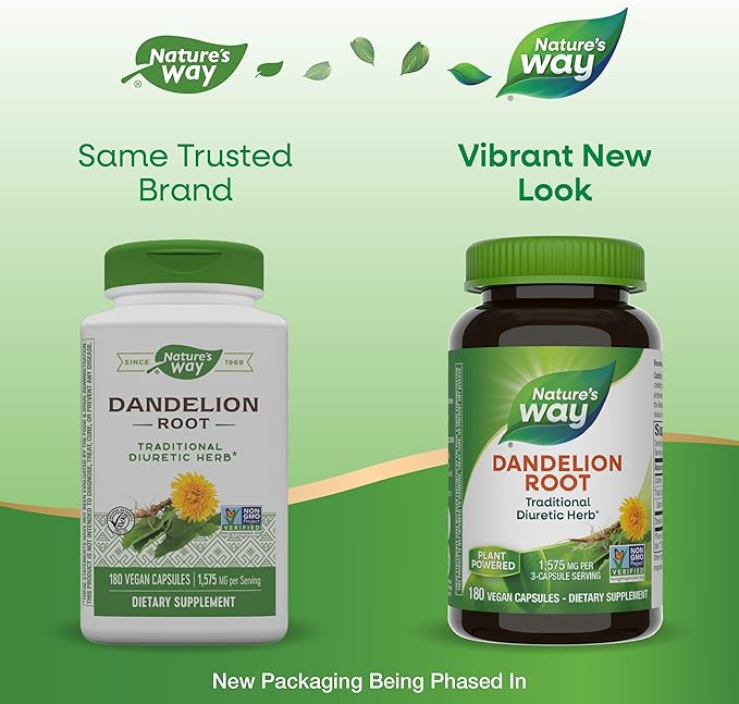 Nature's Way Dandelion Root, Traditional Diuretic Herb*, Traditionally used to Soothe Digestive Upset*, Vegan, 180 Capsules (Packaging May Vary)