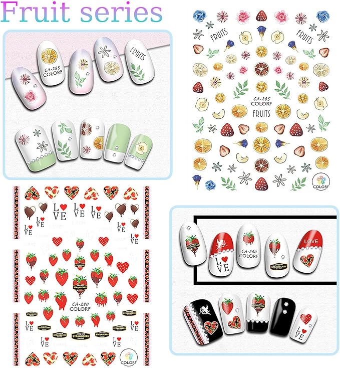 9 Sheets Fruits Nail Stickers for Girls,Spring Nail Decals 3D Self-Adhesive Summer Nail Stickers for Nail Art,Text Fragments Design Holiday Nail Decals for Women