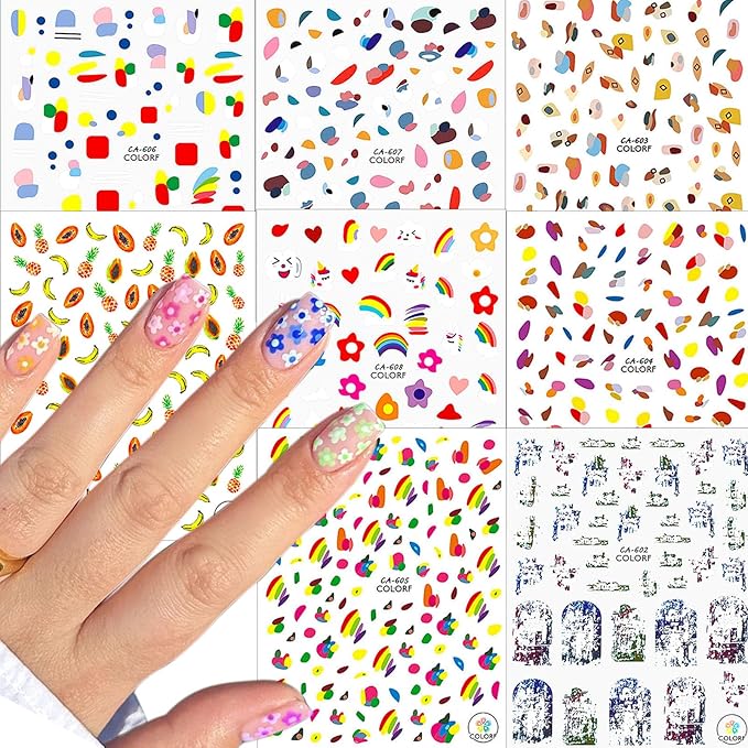 8 Sheets Geometry Summer Nail Stickers for Girls,Fruits Nail Decals 3D Self-Adhesive Kids Flower Nail Stickers Little Rainbow Design Holiday Decals for Women