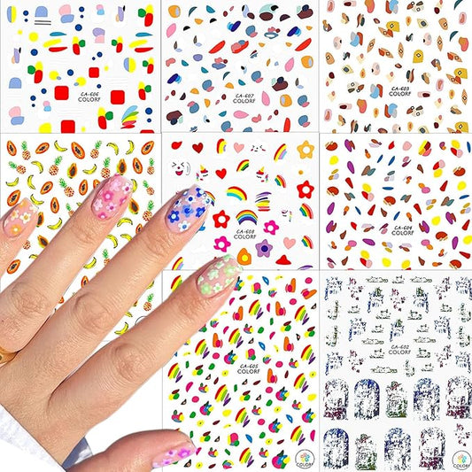 8 Sheets Geometry Summer Nail Stickers for Girls,Fruits Nail Decals 3D Self-Adhesive Kids Flower Nail Stickers Little Rainbow Design Holiday Decals for Women