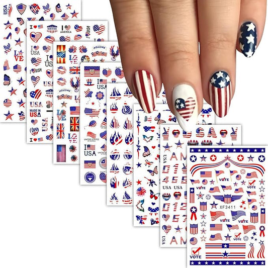 8 Sheet 4th of July Nails Art Stickers American Independence Day Nail Stickers 3D Self-Adhesive Nail Decals Heart Balloon Design American Flag Nails Supplies for Women Manicure