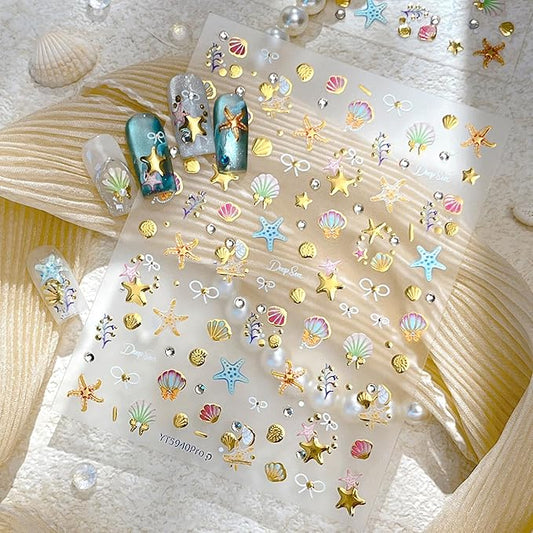 1Sheet 5D Embossed Gold Seashell Starfish Nail Art Stickers Self-Adhesive Bronzing Shell Starfish Nail Decals with Pearl Rhinestone Design Nail Sticker Summer Ocean Nails Supply for Women Nails Decor