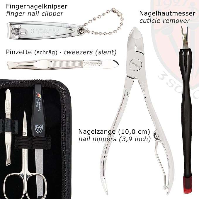 3 Swords Germany - brand quality 6 piece manicure pedicure grooming kit set genuine leather case black, Made in Germany