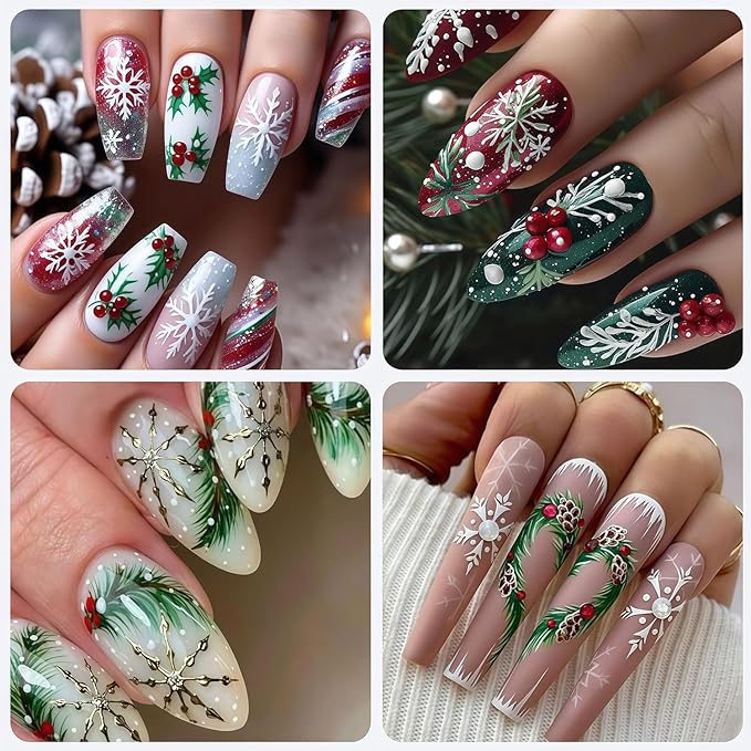 Christmas Nail Stickers 4 Sheets Christmas Nail Art Stickers, 5D Embossed Self-Adhesive Winter Leaves Snowflake Christmas Tree Flower Nail Decals Pattern Design DIY Holiday Nails Decoration for Women