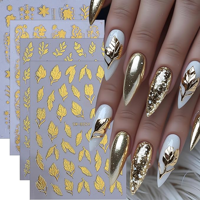 Fall Maple Leaves Nail Art Stickers for Thanksgiving, Gold Maple Leaves Nail Decals 3D Self-Adhesive with Gold Flowers Leaf Design 4Pcs Fall Glitter Nail Art Supplies for Women Nail Decoration
