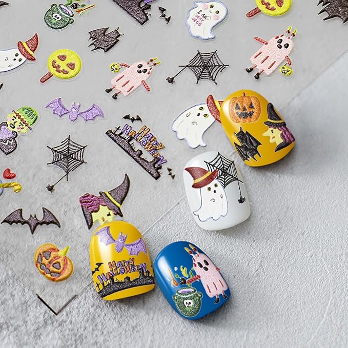 Halloween Nail Stickers for Nail Art - Ghost Witch Nail Art Sticker Halloween 5D Embossed Nail Decals Self-Adhesive Nails Supply Manicure Stickers for Nails Decoration