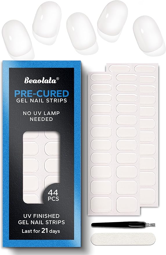 Pre Cured Gel Nail Strips - 44PCS Salon Quality Gel Nail Stickers - Long Lasting Polish Wraps for Women no UV Light Needed Easy Apply& Remove (Clear)