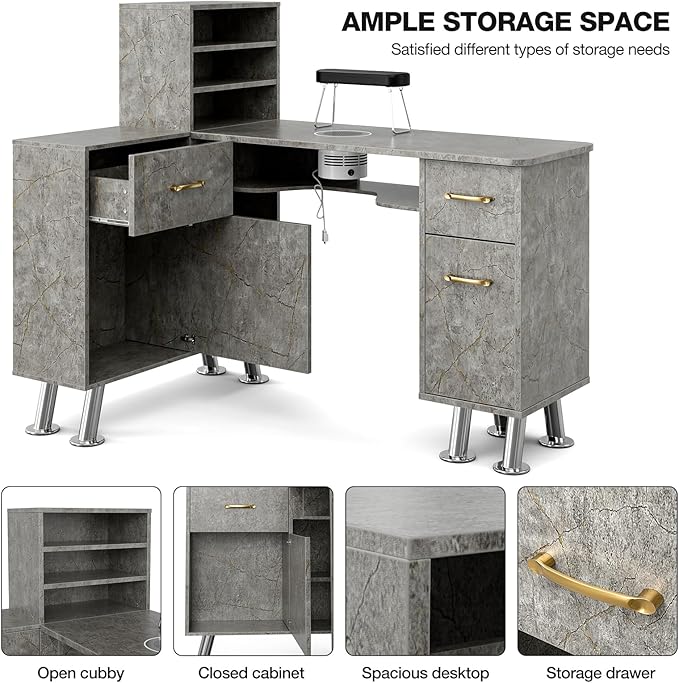 Manicure Table with Shelves, L-Shaped Nail Table Station Marbling Texture w/Electric Downdraft Vent, Foldable Nail Arm Rest, Storage Cabinets, Drawers, Metal Handles & Legs for Nail Tech(Grey)