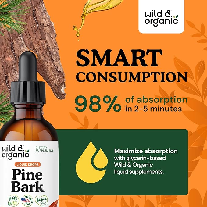Wild & Organic Pine Bark Extract Tincture - Antioxidant Support - Pinus Pinaster Supplements - French Maritime Bark Liquid Drops - 2-Month Supply - Vegan, Alcohol & Sugar-Free - 2 fl oz