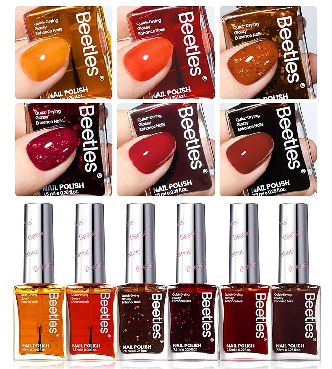 Beetles Fall Nail Polish Set - Golden Harvest 6 Colors Quick Drying Long-Lasting Burgundy Brown Red Jelly Glitter Christmas Nail Polish for DIY At-Home Manicure Christmas Gift for Women