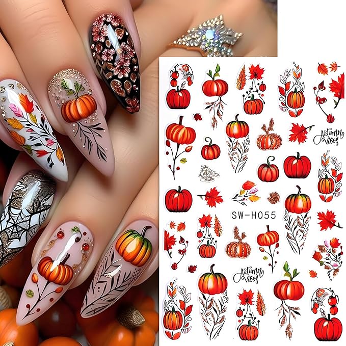 Fall Maple Leaves Nail Art Stickers for Thanksgiving, Fall Pumpkin Nail Decals 3D Self-Adhesive with Maple Leaves Design 6Pcs Fall Glitter Nail Art Supplies for Women Nail Decoration