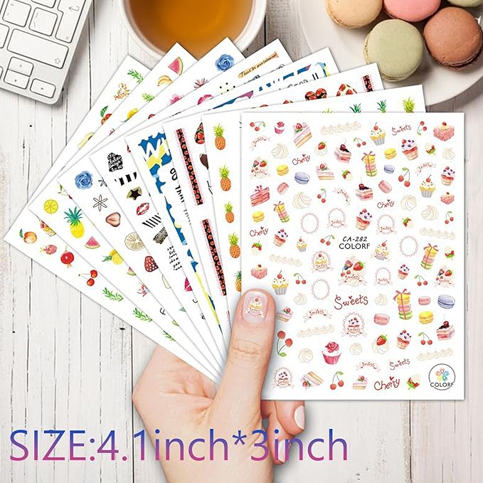 9 Sheets Fruits Nail Stickers for Girls,Spring Nail Decals 3D Self-Adhesive Summer Nail Stickers for Nail Art,Text Fragments Design Holiday Nail Decals for Women