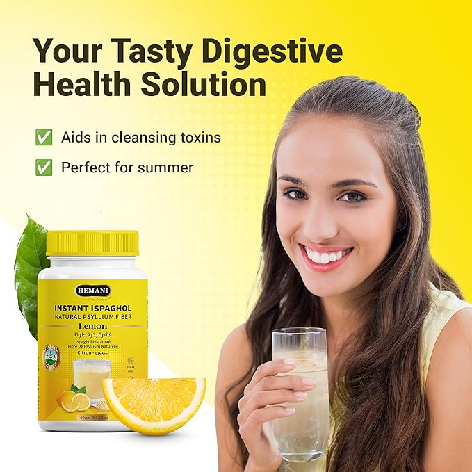 Hemani Instant Psyllium Husk Ispaghol 100g | Lemon Flavored On-The-Go Fiber Supplement | Supports Digestive Health | Add to Water for a Refreshing Drink