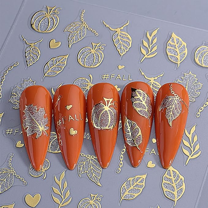 6Pcs Fall Nail Art Stickers Autumn Maple Leaf Nail Decals 3D Self-Adhesive Fallen Leaves Nail Stickers Cute Pumpkin Chain Nails Supplies Thanksgiving Manicure Sliders for Women Nails Art Decorations