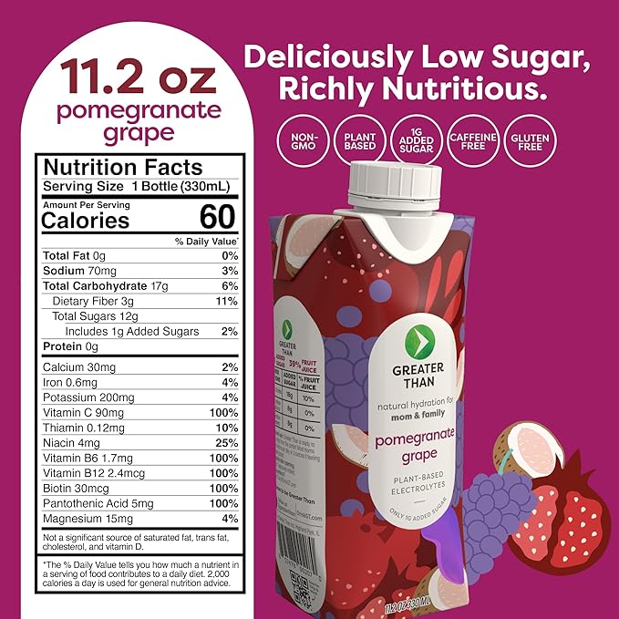 Greater Than Nutrient Hydration Beverage, Electrolyte Drink for Gut Health & Energy with Coconut Water, Vitamins, Gluten Free, Plant Based, Low Sugar, Pomegranate Grape, 24 Pack