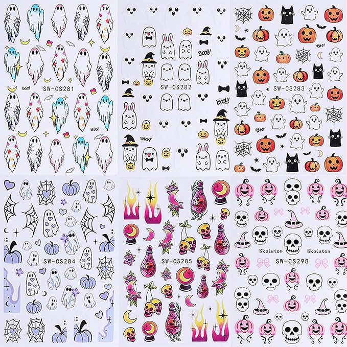Halloween Nail Art Stickers 6 Sheets Halloween Nail Decals 3D Self Adhesive Cute Nail Stickers Ghost Pumpkin Bat Skull Pattern DIY Manicure Supplies Hallowee Nail Decorations for Women Girls