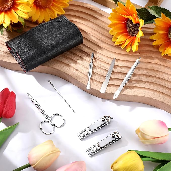 12 Set Manicure Set Bulk Mini Manicure Nail Clipper Kit 7 in 1 Stainless Steel Professional Nail Care Pedicure with Travel Portable Bag Grooming Kits for Christmas Women Men Home(Black)