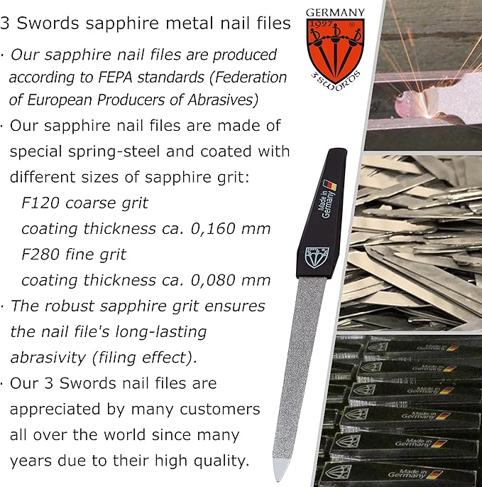 3 Swords Germany - Sapphire Metal Nail File Set 2 Pieces with 1 Piece 3-Way Nail Buffer – Nail Care Made in SOLINGEN/Germany