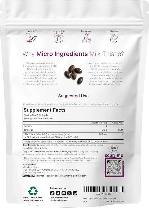 Micro Ingredients Milk Thistle Supplement 6,000mg | 360 Softgels with Grape Seed Oil | Highly Bioavailable Extract | Liver Support & Detox | Contains Active Silymarin + Antioxidants
