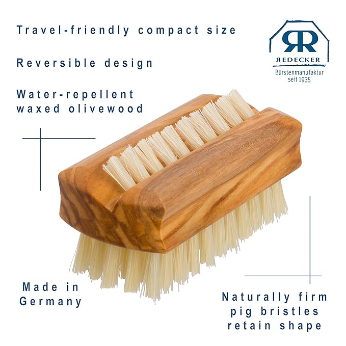 REDECKER Natural Pig Bristle Travel Nail Brush with Waxed Olive Wood Handle, 2-1/4-Inches - Boar Bristle Nail Brush For Cleaning Fingernails - German Wooden Nail Brush