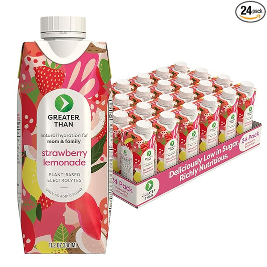 Greater Than Nutrient Hydration Beverage, Electrolyte Drink for Gut Health & Energy with Coconut Water, Vitamins, Gluten Free, Plant Based, Low Sugar, Strawberry Lemonade, 24 Pack