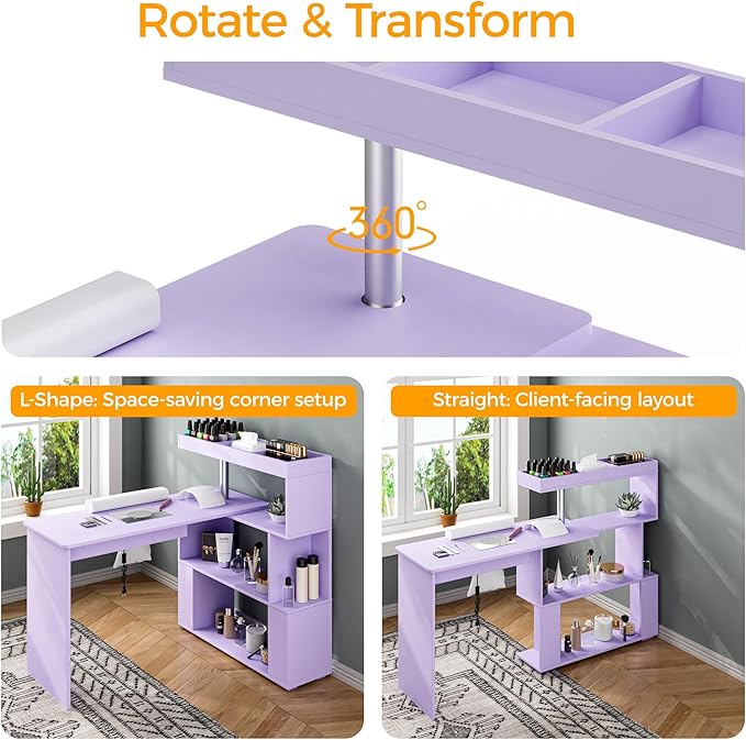 Manicure Table, L-Shaped Nail Tech Desk with Dust Collector, Reversible Rotating Table & Storage Shelf, Acetone Resistant Beauty Salon Station, Purple