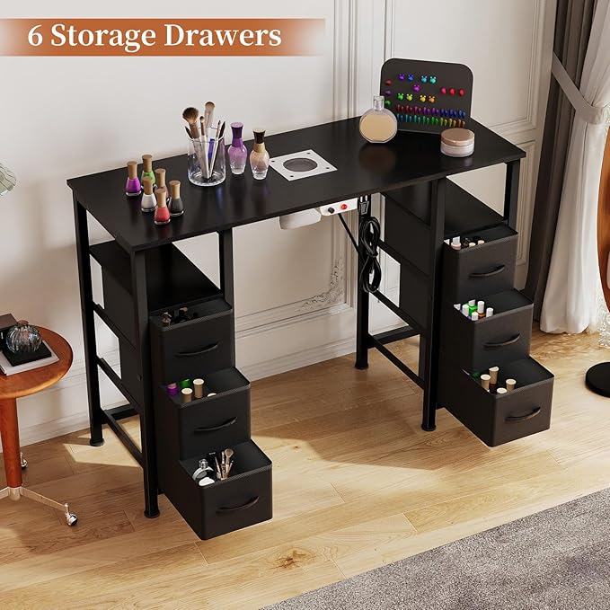 Manicure Table Nail Desk for Nail Tech, Nail Beauty Table w/Electric Dust Collector & 6 Storage Drawers & Open Shelves for Home, Workshop, Makeup Beauty Salon Workstation