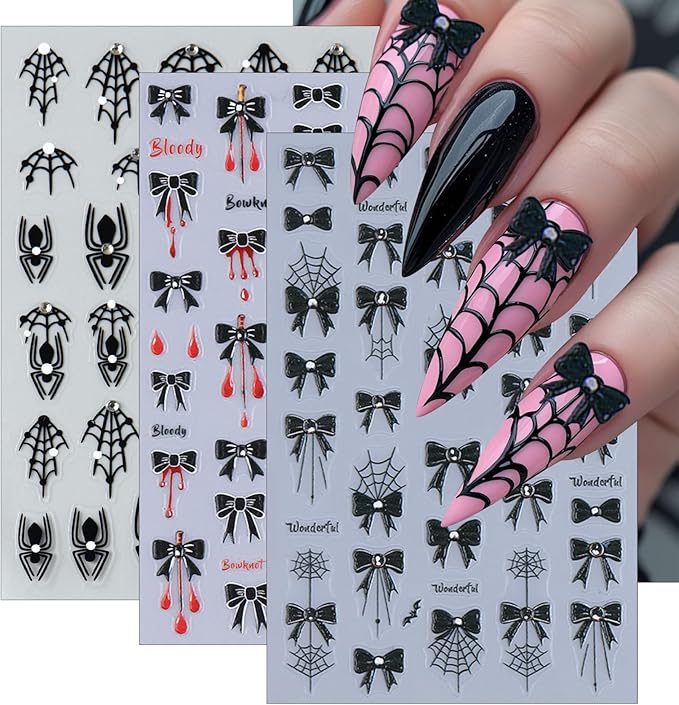Halloween Nail Stickers Spider Web 5D Embossed Self-Adhesive Nail Decals with Rhinestones Cute Black Bow-Knot Spider Web Pattern Nail Art Designs for Halloween Party DIY Manicure Decorations 3 Sheets
