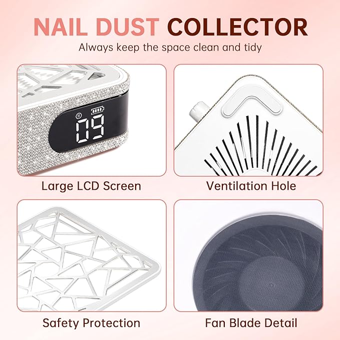 Nail Dust Collector, Powerful Vacuum Fan Vent Dust Collector Extractor Dust Suction Machine for Acrylic Nails Polishing, Nail Salon&Home, White Diamond