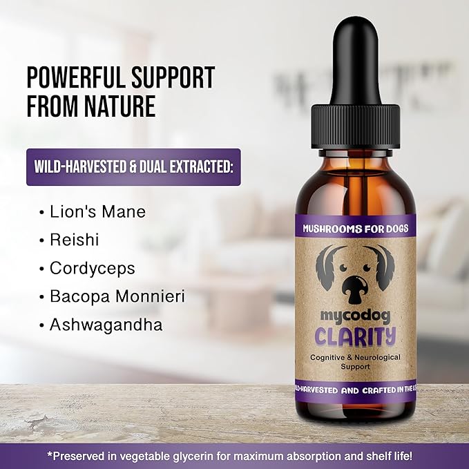 MycoDog Clarity - Mushroom Extract & Adaptogen Tincture for Canines - Ashwagandha Supplements for Nervous, Mental, & Emotional Support - Reishi, Cordyceps, & Lions Mane Supplement