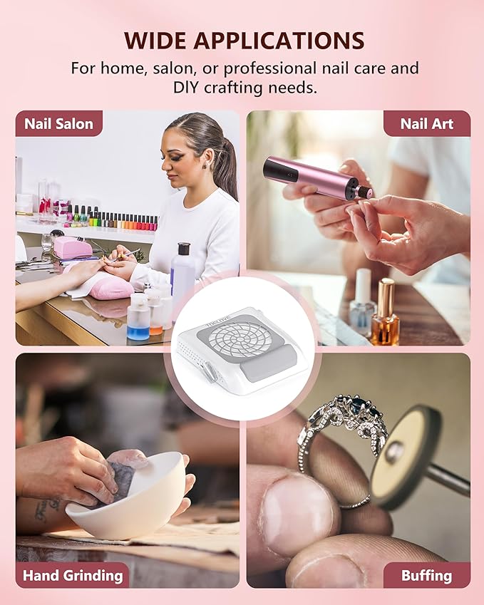 Upgraded Nail Dust Collector with Hand Rest, 10 Speeds, Reusable Filter, Quiet & Rechargeable, Professional Nail Fan Dust Tech Machine for Acrylic Gel Nails Polishing, Salon & Home, White
