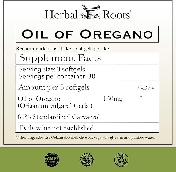 Herbal Roots Oil of Oregano - Made from Mediterranean Oregano Oil - 90 Easy to Swallow Softgel Capsules - Extra Strength 150mg