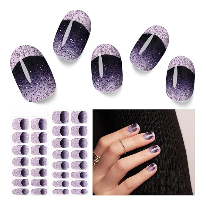 Semi Cured Gel Nail Strips - 30PCS Gel Nail Stickers for UV Light, Long-Lasting Gel Nail Wraps, Salon-Quality Semi Cured Nail Stickers, 2 Weeks Wear, Easy DIY Gel Manicure-Starry Plum
