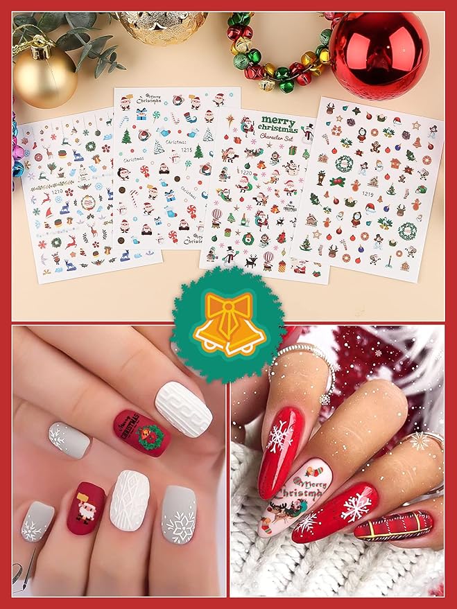1000+ Patterns Christmas Nail Art Stickers Snowflake 3D Self-Adhesive Nail Decals, Kalolary Snowflake Santa Claus Snowman Christmas Stick Elk for Christams Nail Decorations for Women Kids