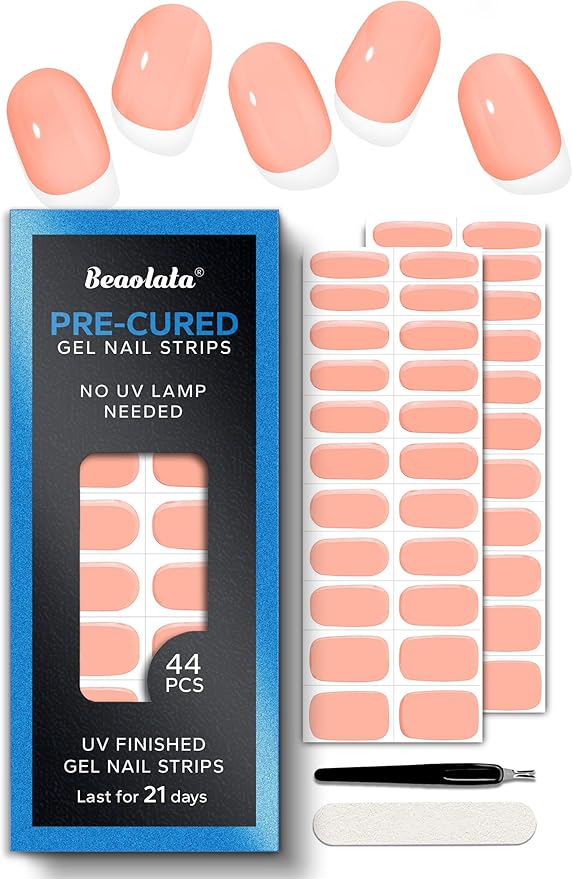 Pre Cured Gel Nail Strips - 44PCS Salon Quality Gel Nail Stickers - Long Lasting Polish Wraps for Women no UV Light Needed Easy Apply& Remove (Desert Sand Nude)