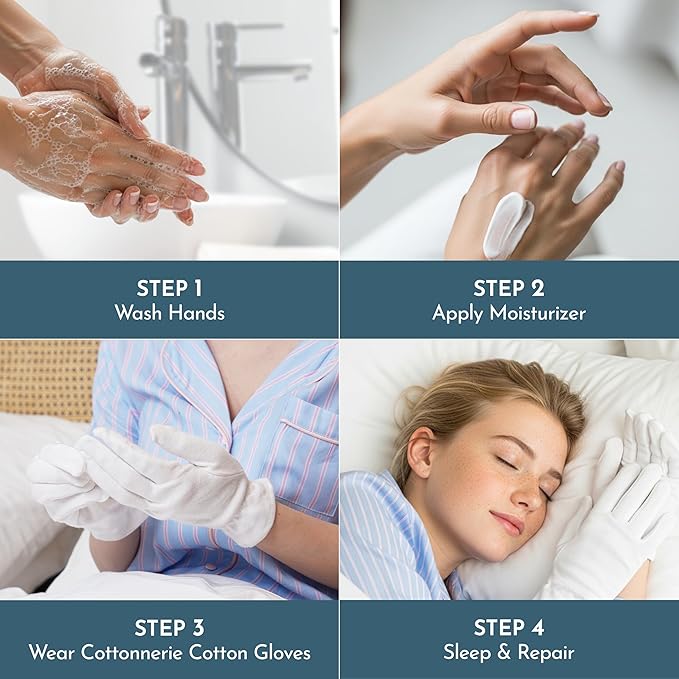 4 Pairs Cottonnerie Original Cotton Gloves for Dry Hands Sleeping, Moisturizing Gloves Overnight, Hand Moisturizer Gloves, Moisture Gloves for Dry Hands Overnight, Sleeping Gloves, Large