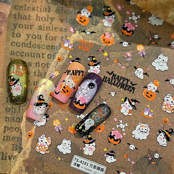 Halloween Nail Stickers for Nail Art - Cute Cat Ghost Nail Art Sticker Halloween 5D Embossed Nail Decals Self-Adhesive Nails Supply Manicure Stickers for Nails Decoration