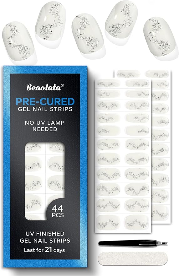 Pre Cured Gel Nail Strips - 44PCS Salon Quality Gel Nail Stickers - Long Lasting Polish Wraps for Women no UV Light Needed Easy Apply& Remove (Midnight White)