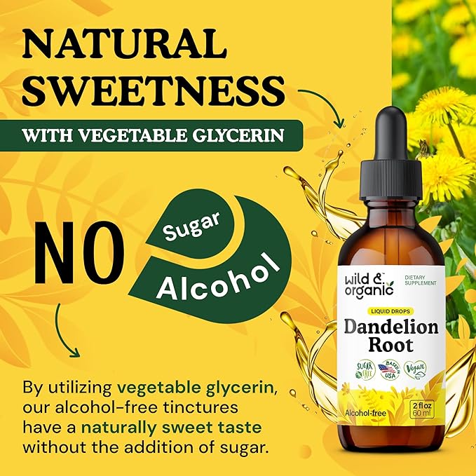 Wild & Organic Dandelion Root Supplement Drops - Liver Cleanse Support - Dandelion Root Tincture for Liver Detox - Vegan, Sugar & Alcohol-Free Liquid Extract - 2 fl oz
