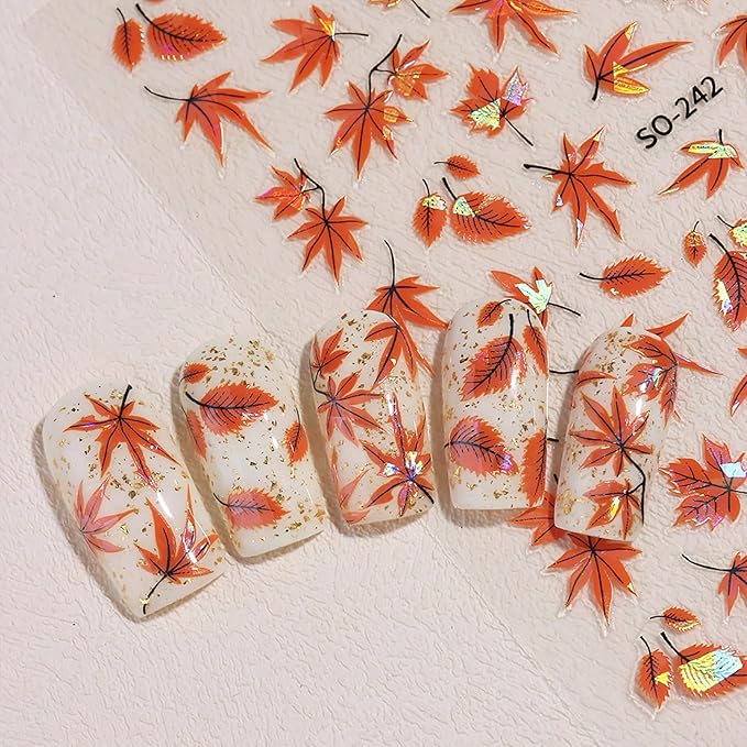 Fall Nail Stickers Laser Maple Leaf Nail Decals 6PCS Self Adhesive Pegatinas para Uñas Autumn Brown Yellow Leaves Design Nail Art Supplies DIY Manicure Supplies for Women Nail Decorations Charms