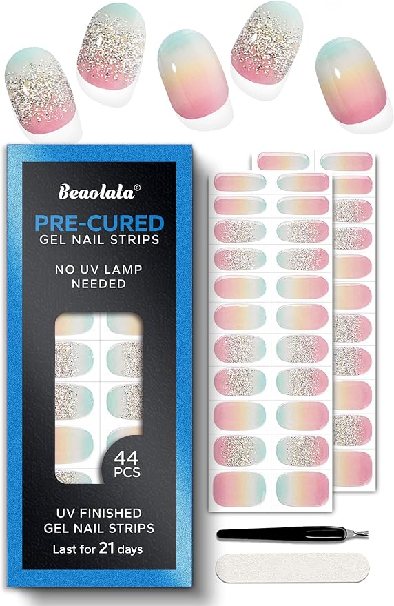 Pre Cured Gel Nail Strips - 44PCS Salon Quality Gel Nail Stickers - Long Lasting Polish Wraps for Women no UV Light Needed Easy Apply& Remove (Rainbow Pink Glow）