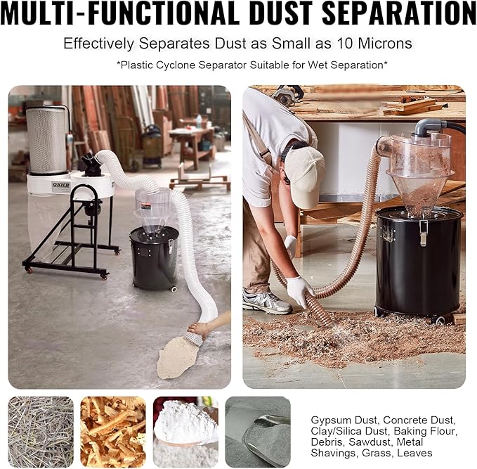 VEVOR Cyclone Dust Separator, 4" Retrofit Cyclone Separator for Dust Collectors, ABS Material With 2" Hole O.D. Connector & Hose for Wet/Dry Shop Vacuums, Fits 5-10 Gallon Tank (Tank Exclude)
