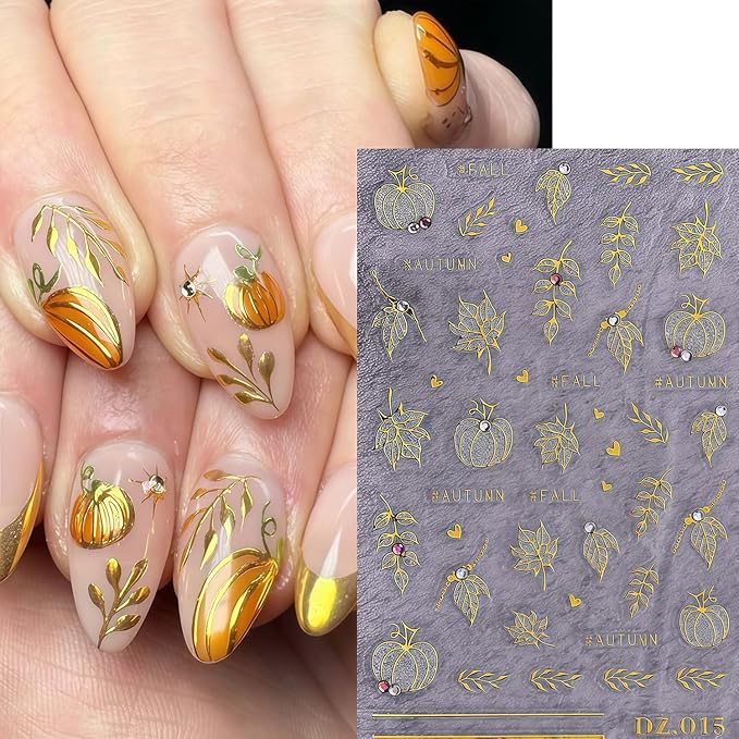 Fall Nail Art Stickers 2 Sheets Gold Pumpkin Nail Decals 3D Self-Adhesive Thanksgiving Day Nails Art Decorations with Glitter Rhinestone Pumpkin Maple Leaf Pattern Nail Decals for Women Holiday DIY