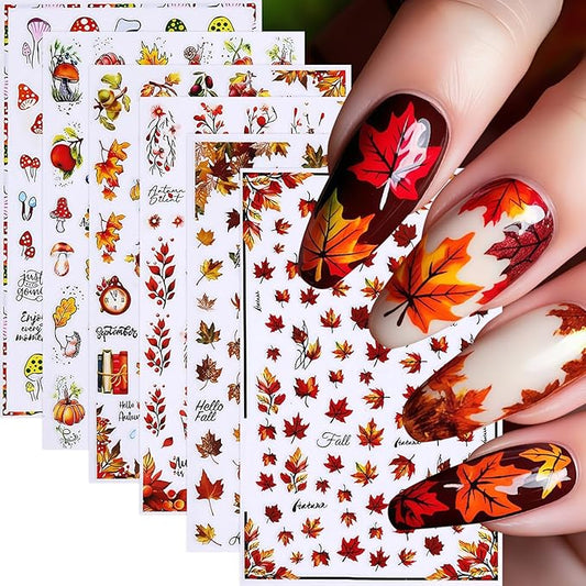 6 Sheets Fall Nail Art Stickers Decals Thanksgiving Day Pumpkin Nail Decals 3D Self-Adhesive Autumn Maple Leaves Pumpkin Design Maple Leaf Nail Art Sticker for Women Holiday DIY Manicure Decoration